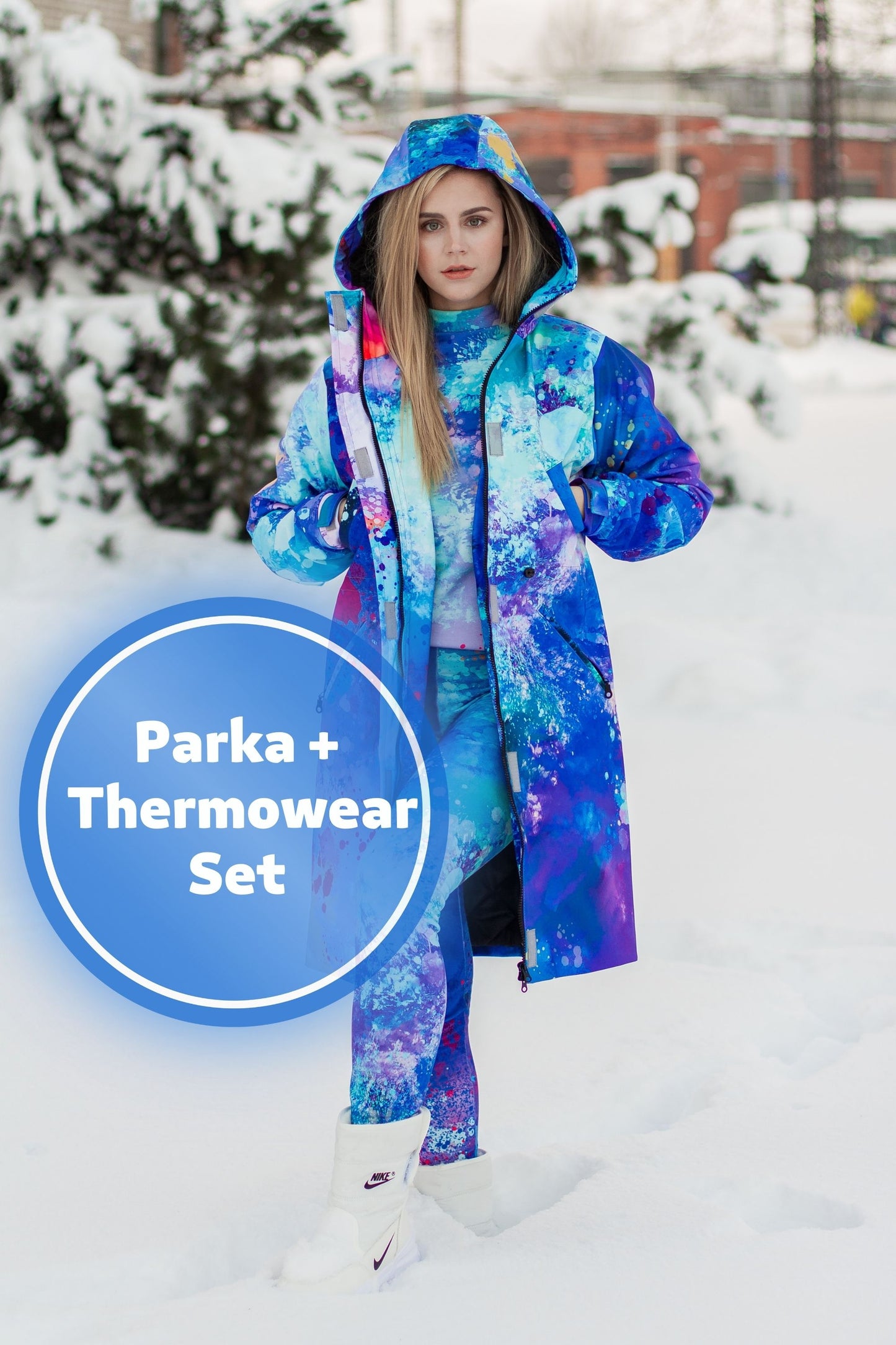 SET: Blauer Winterparka + Thermowear-Oberteil + Leggings