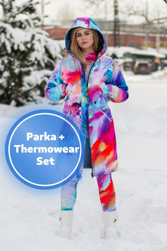 SET: Heller Winterparka, Jacke, rosa wasserdichter Mantel, Winterjacke mit Kapuze, Thermoschutz, Winterunterwäsche, Sport-Leggings