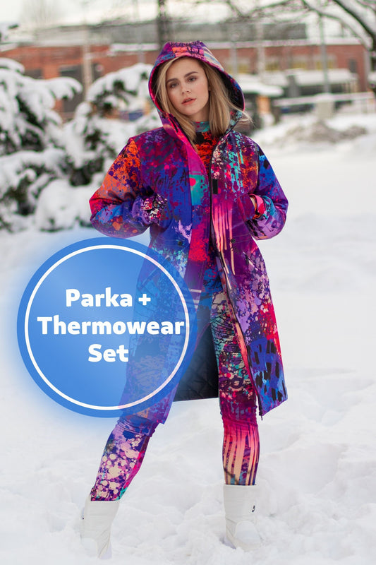 SET: Rosa Winterparka, Jacke, rosa wasserdichter Mantel, Winterjacke mit Kapuze, Thermoschutz, Winterunterwäsche, rosa Leggings