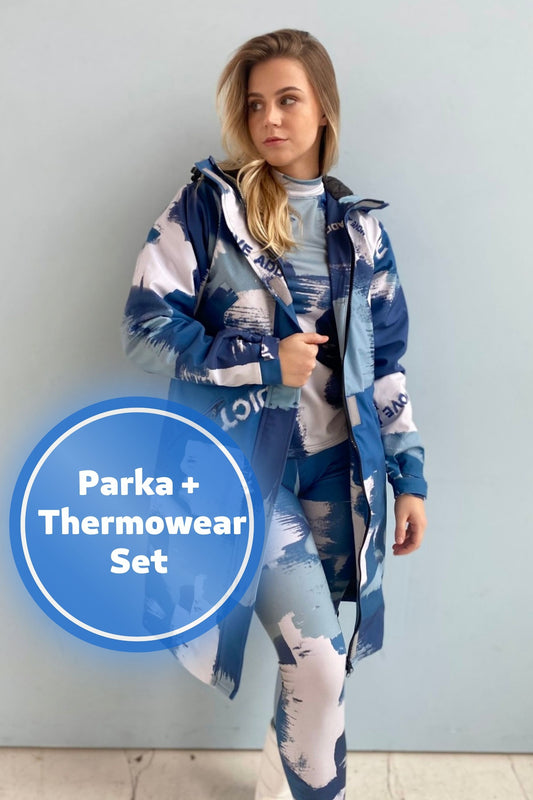 SET: Grauer Winterparka, Jacke, grauer wasserdichter Mantel, Winterjacke mit Kapuze, Thermoschutz, Winterunterwäsche, graue Leggings