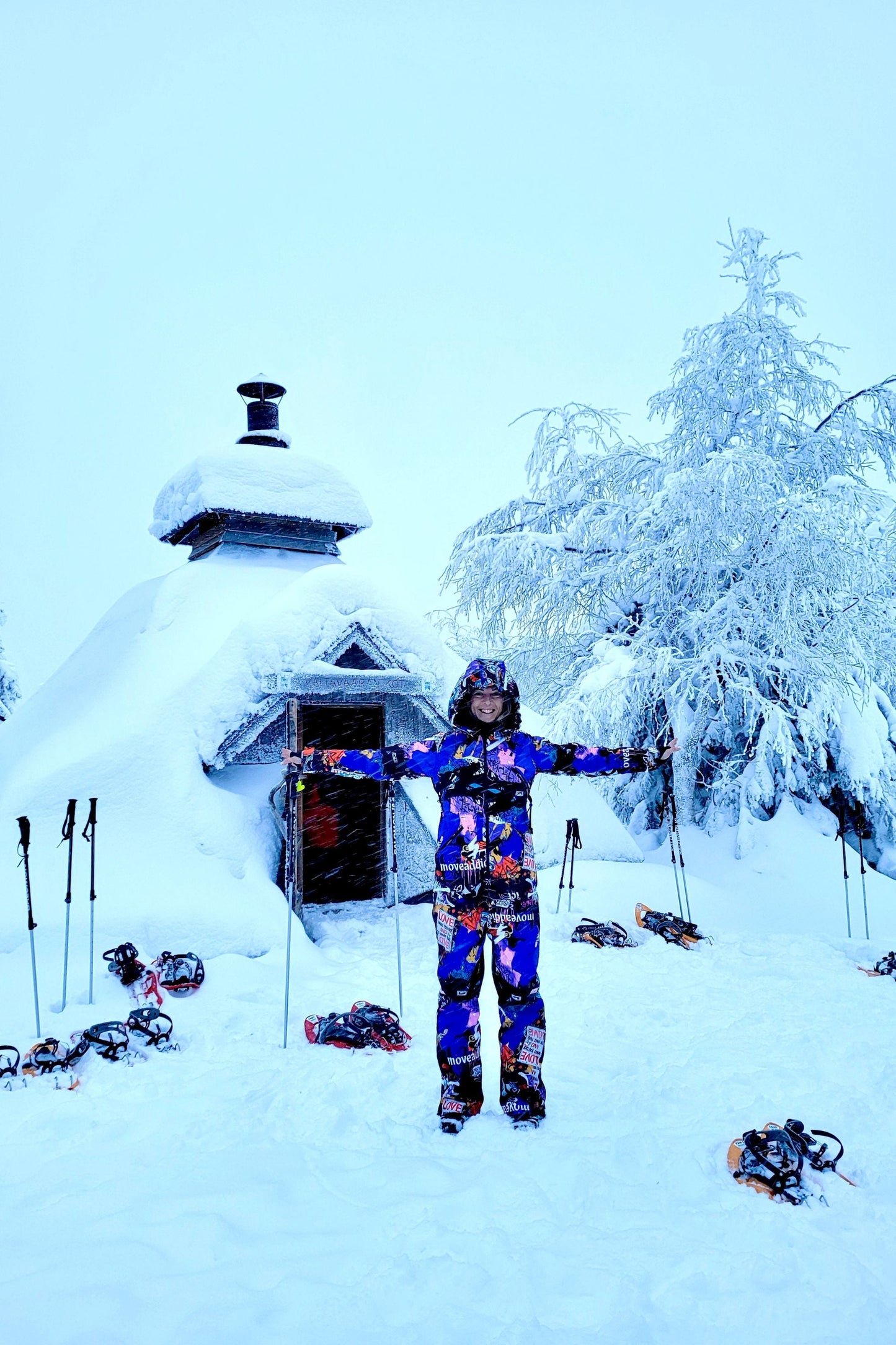 Women`s winter ski / snowboard suit with colorful love & peace print / Snowsuit