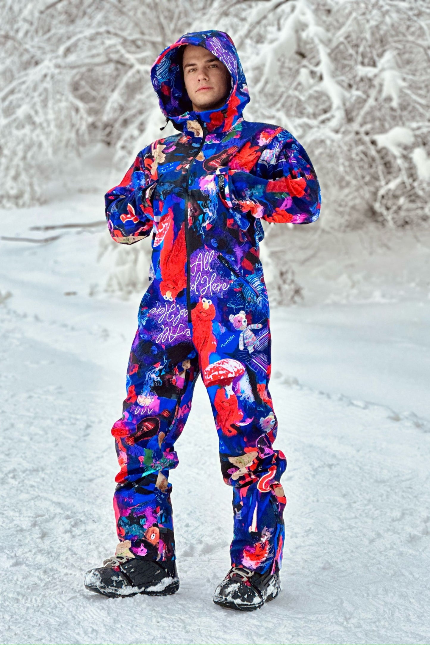 Men's winter ski / snowboard onesie with colorful purple print / Snowsuit