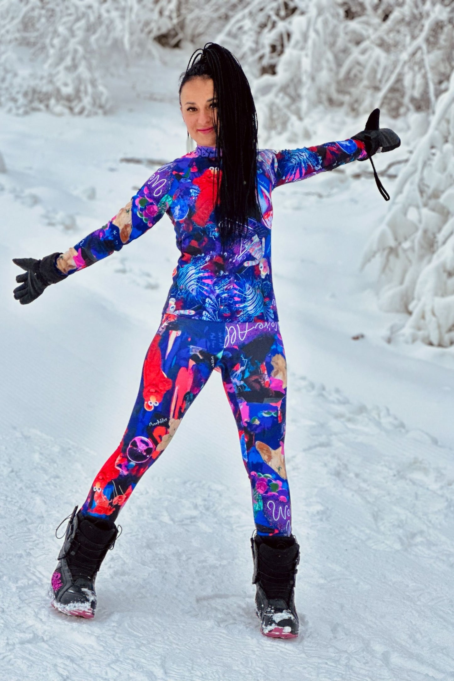 Abstrakte bunte Leggings, Wärmeschutz, Wintersportbekleidung, Thermounterwäsche, Leggings mit Fleece, warme Leggings, Winterunterwäsche