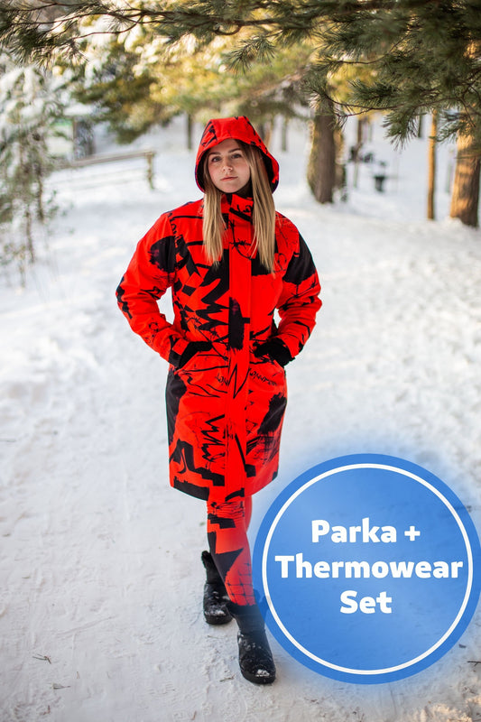 SET: Roter Winterparka, Jacke, roter wasserdichter Mantel, Winterjacke mit Kapuze, Thermo-Schutzunterwäsche, Winterunterwäsche, rote Leggings