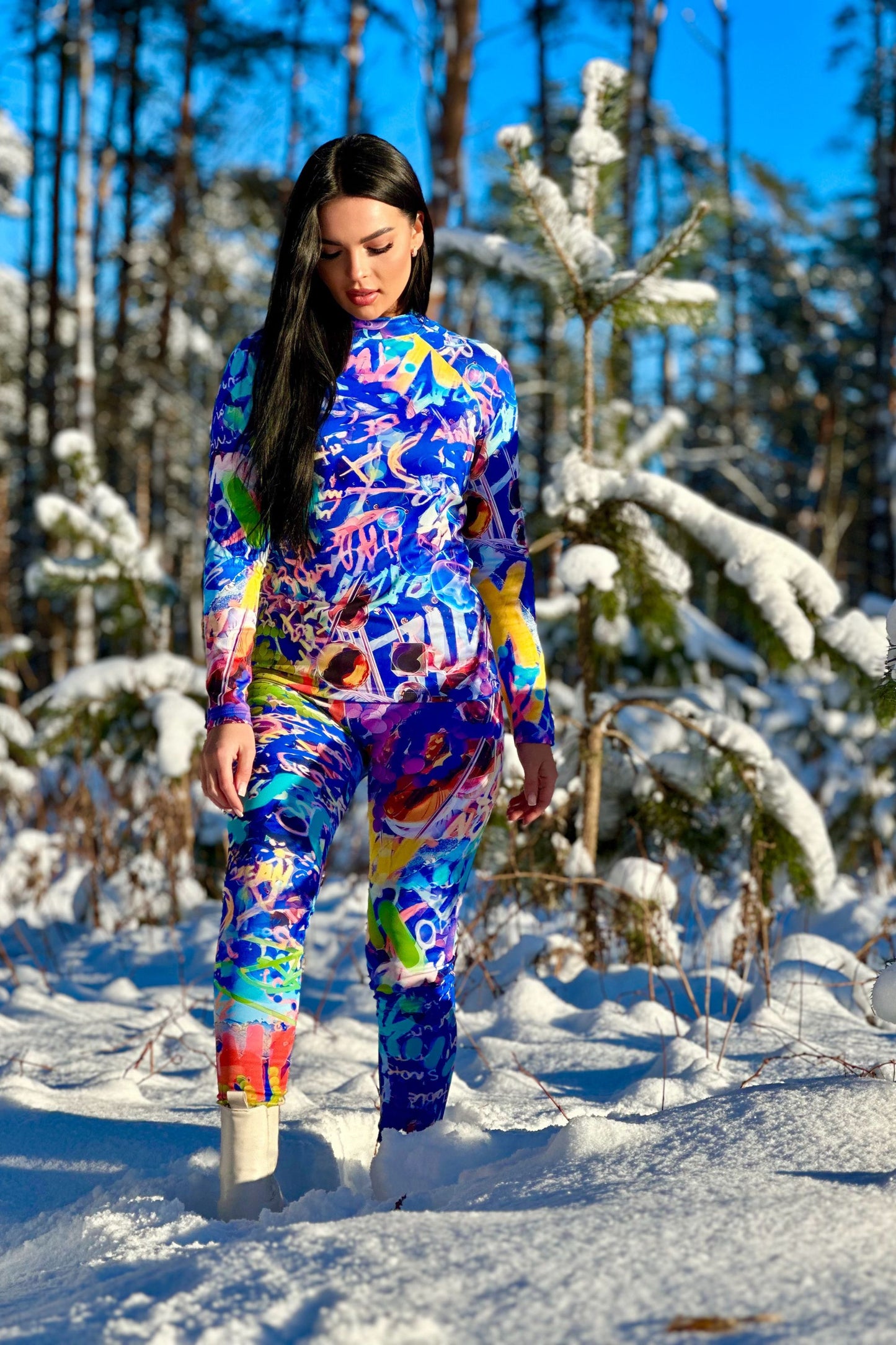 Abstrakte bunte Leggings, Wärmeschutz, Wintersportbekleidung, Thermounterwäsche, Leggings mit Fleece, warme Leggings, Winterunterwäsche