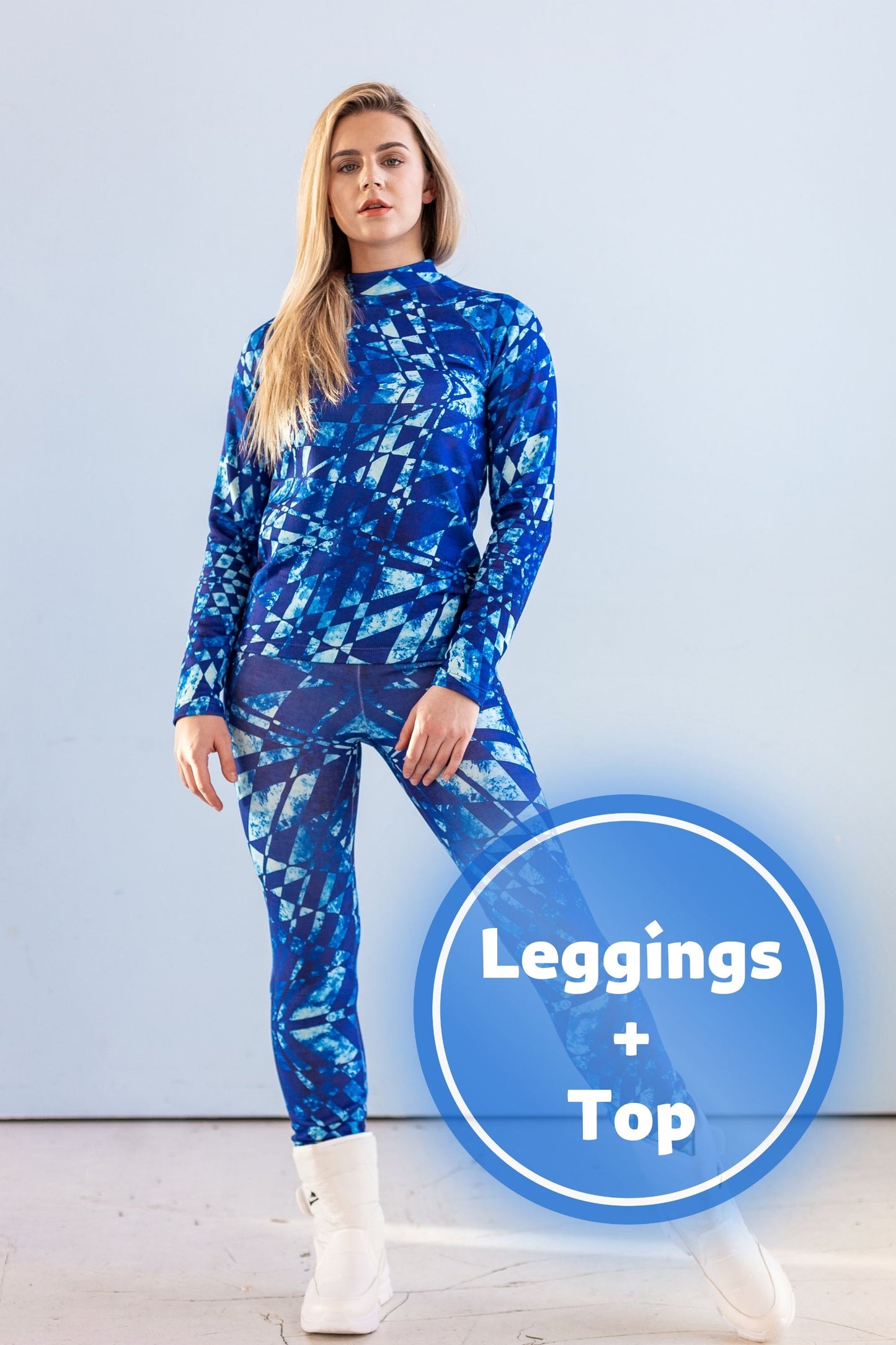 SET: Damen-Thermobekleidung, Leggings, abstraktes blaues Top, Winterunterwäsche, Thermoschutz, Kleidung, Sportunterwäsche, Winterkleidung