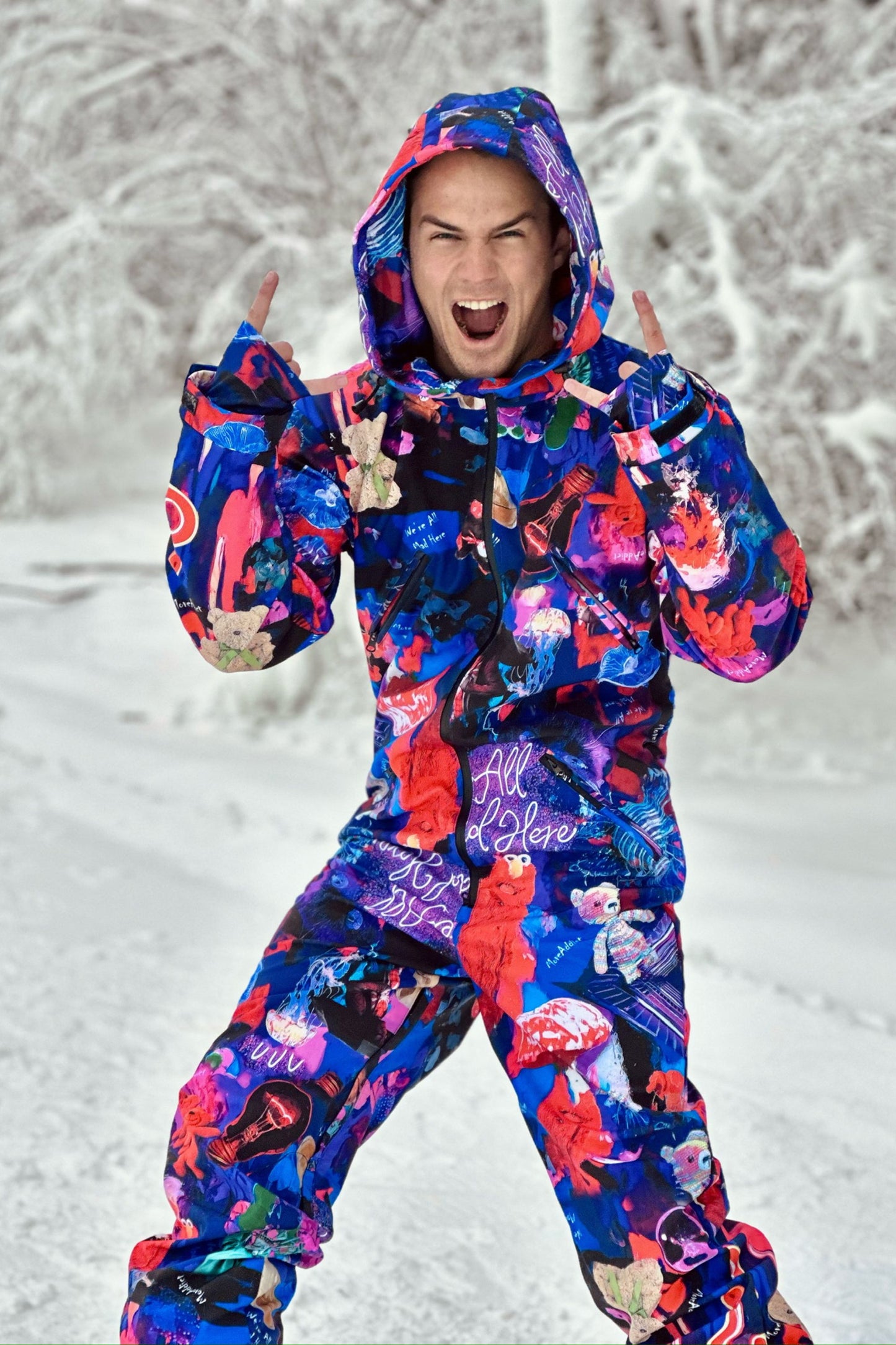 Vīriešu ziemas slēpošanas/snovborda kombinezons ar krāsainu violetu apdruku