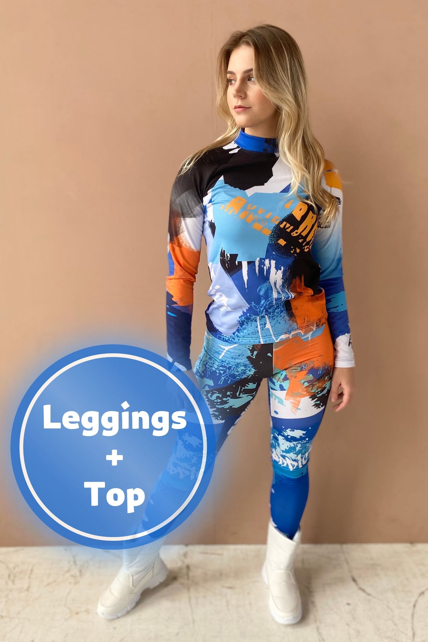 SET: Damen-Thermobekleidung, Leggings, abstraktes buntes Top, Winterunterwäsche, Thermoschutz, Kleidung, Sportunterwäsche, Winterkleidung