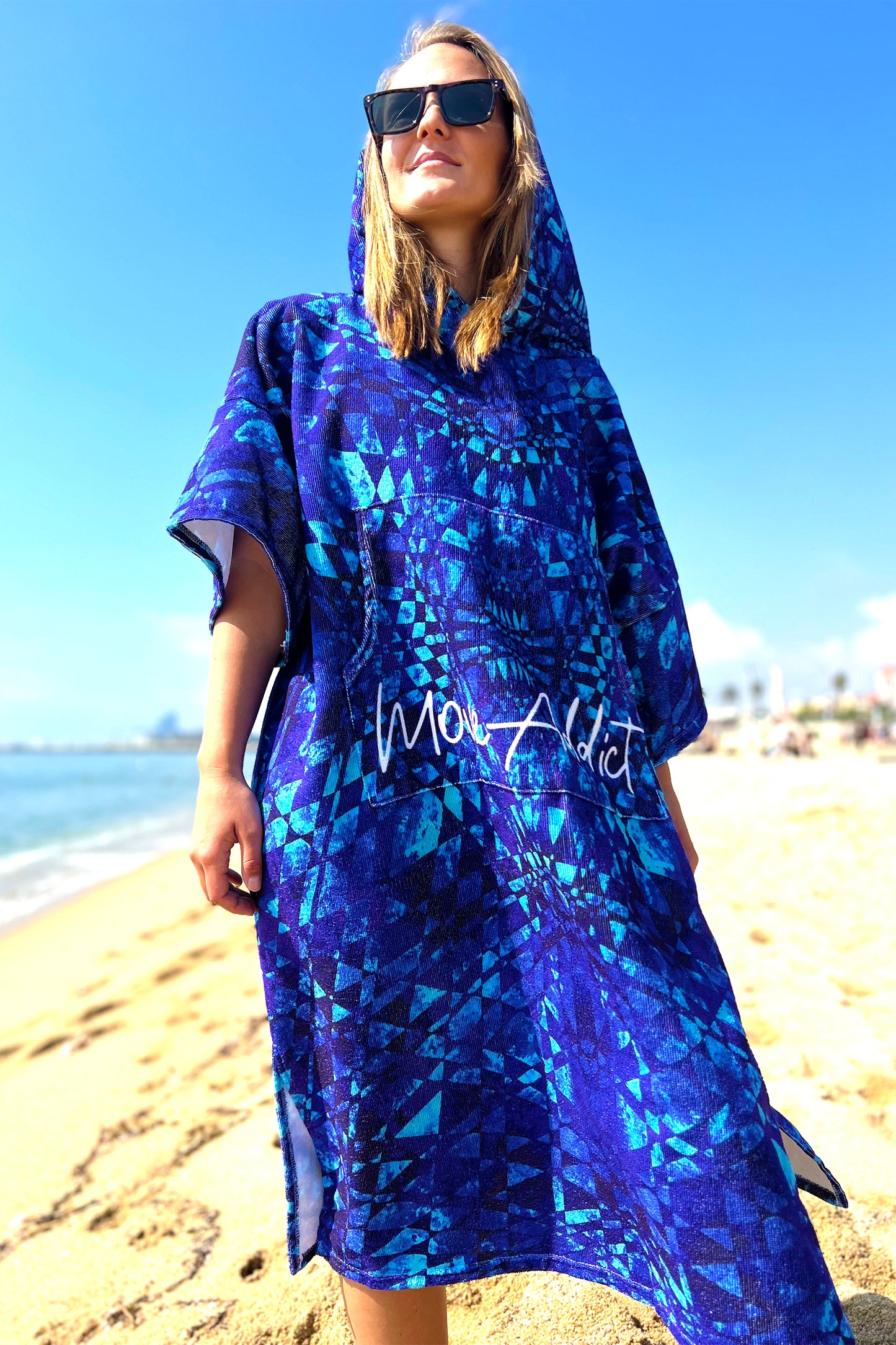 Hooded Beach Poncho with Blue Graphic Print