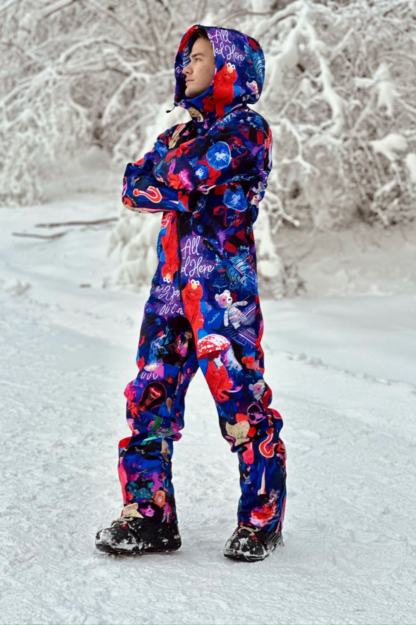 Men's winter ski / snowboard onesie with colorful purple print / Snowsuit