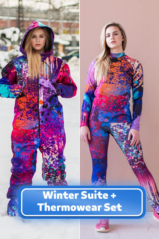 SET: Lila Winter-Ski-Overall, Snowboard-Kleidung, Snowboard-Anzug, Ski-Overall, Damen-Bergbekleidung, Winter-Thermo-Unterwäsche