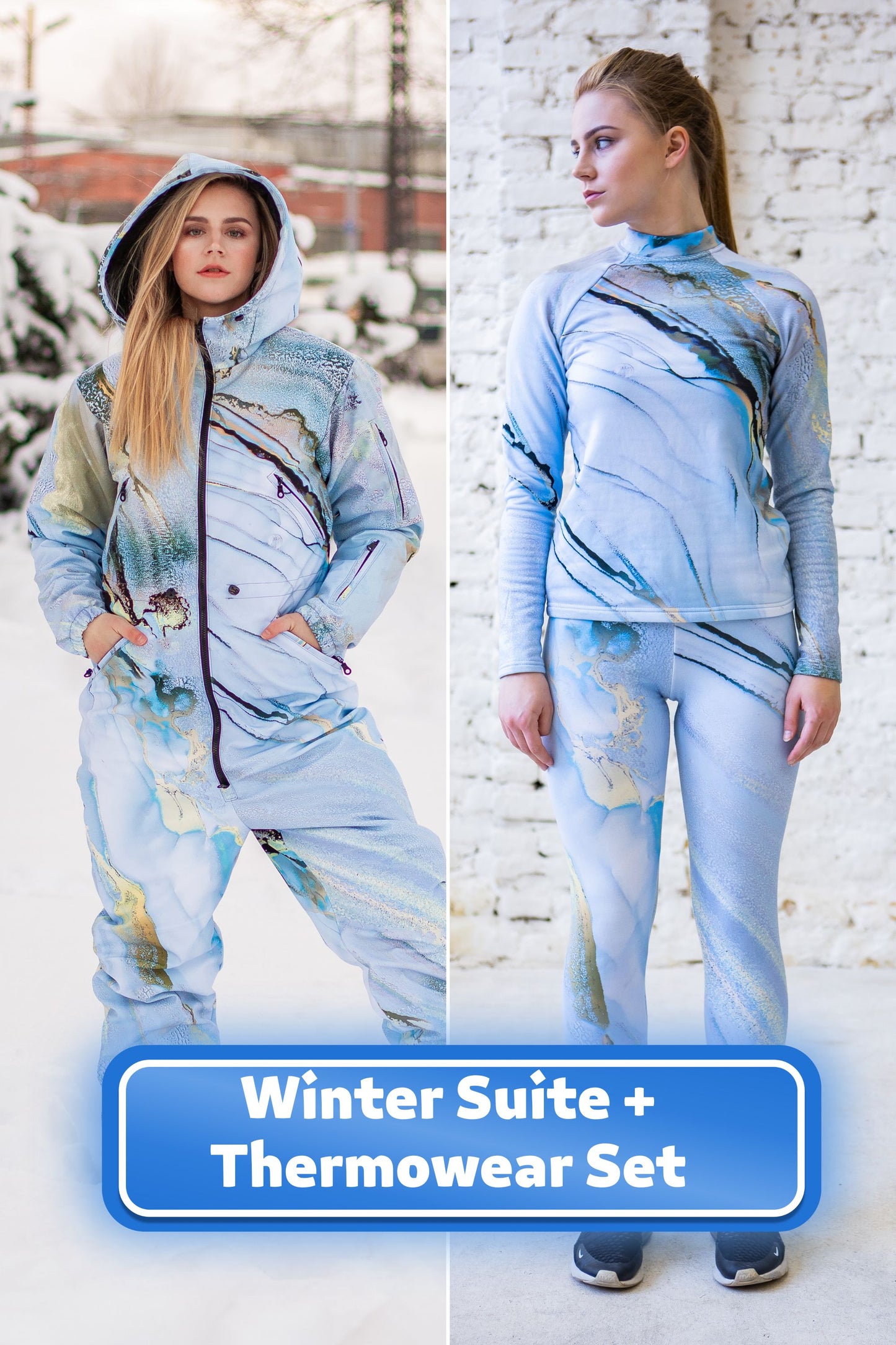 SET: Hellblauer Winter-Ski-Overall, Snowboard-Kleidung, Snowboard-Anzug, Ski-Overall, Damen-Bergbekleidung, Winter-Thermo-Unterwäsche
