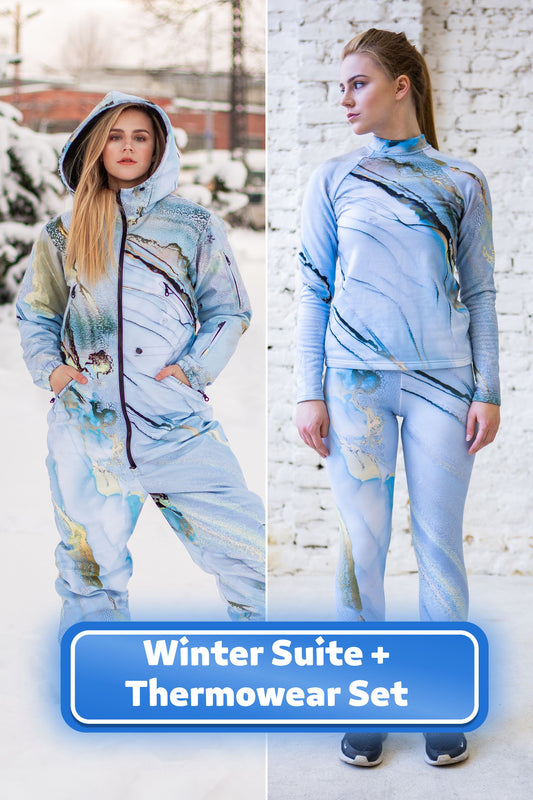 SET: Hellblauer Winter-Ski-Overall, Snowboard-Kleidung, Snowboard-Anzug, Ski-Overall, Damen-Bergbekleidung, Winter-Thermo-Unterwäsche