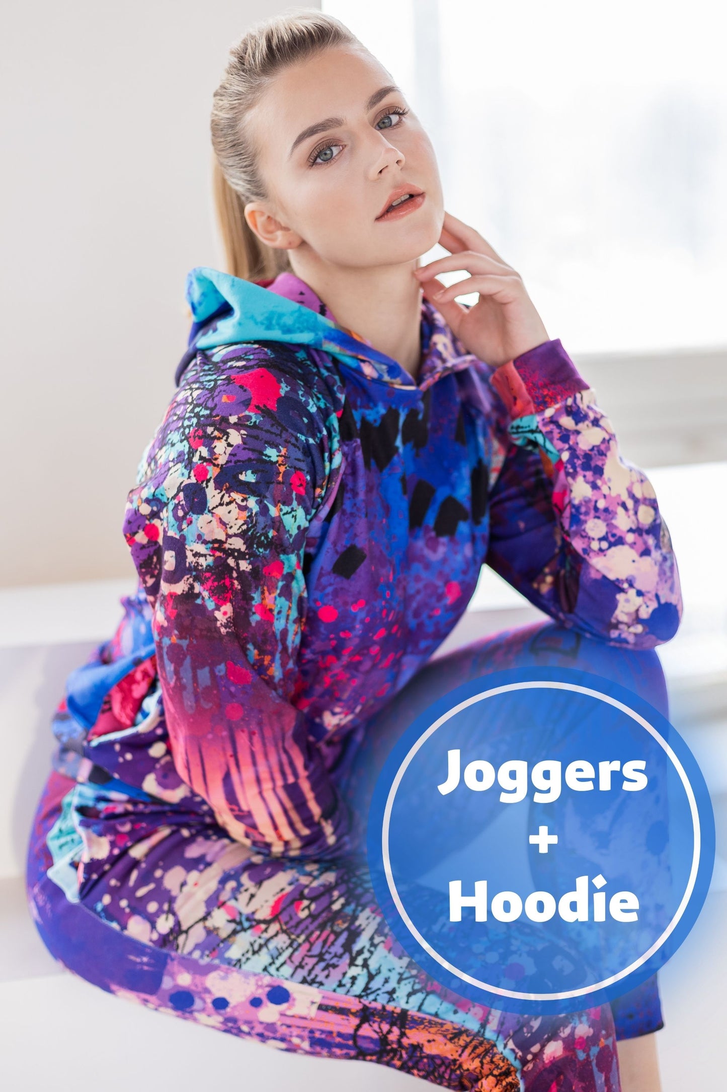 SET: Damen-Hoodie und Jogginghose, Leggings, abstraktes lila Sportset, Haushaltswaren-Set, passendes Set, Damen-Sportbekleidung