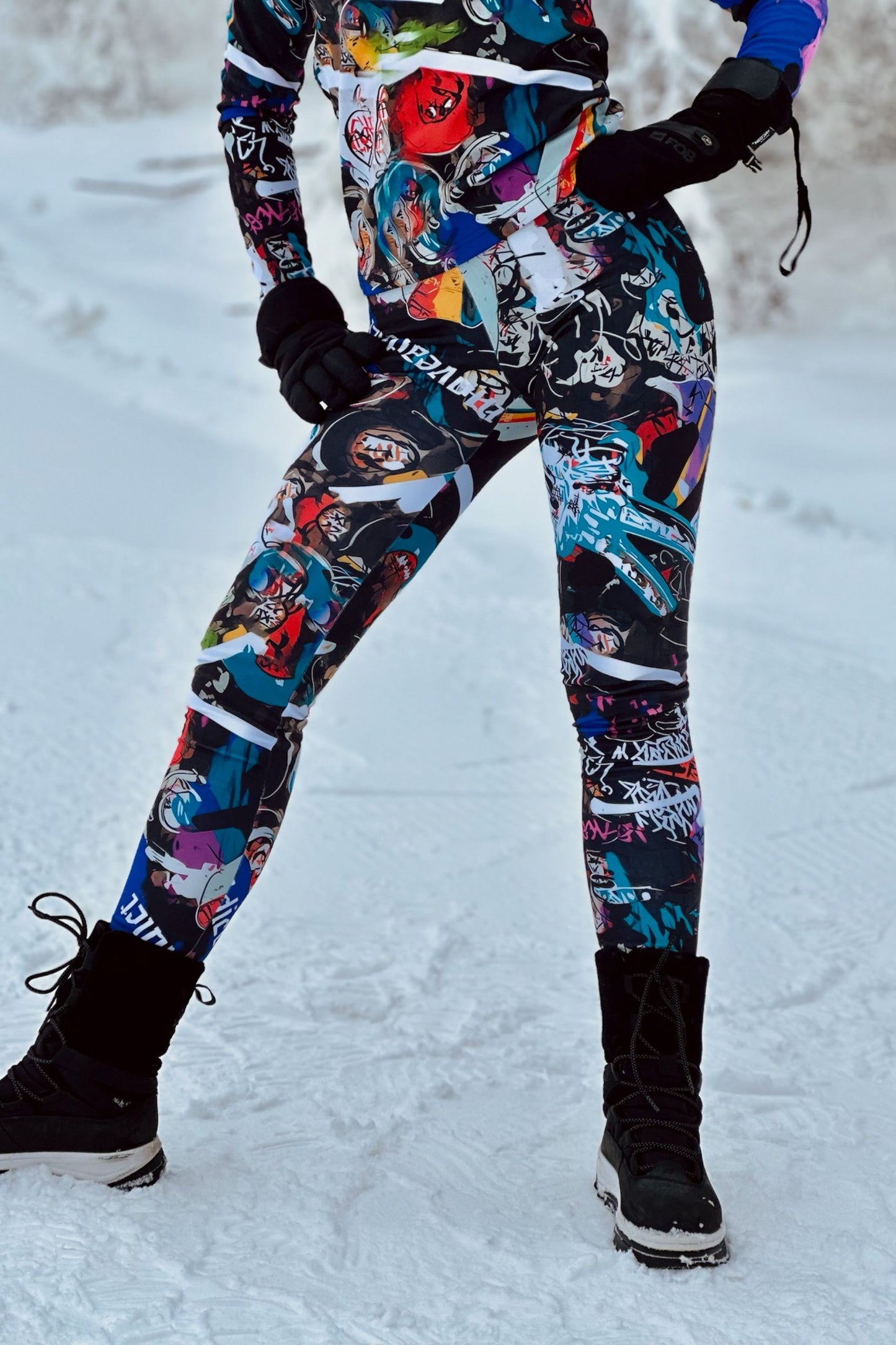 Abstrakte bunte Leggings, Wärmeschutz, Wintersportbekleidung, Thermounterwäsche, Leggings mit Fleece, warme Leggings, Winterunterwäsche