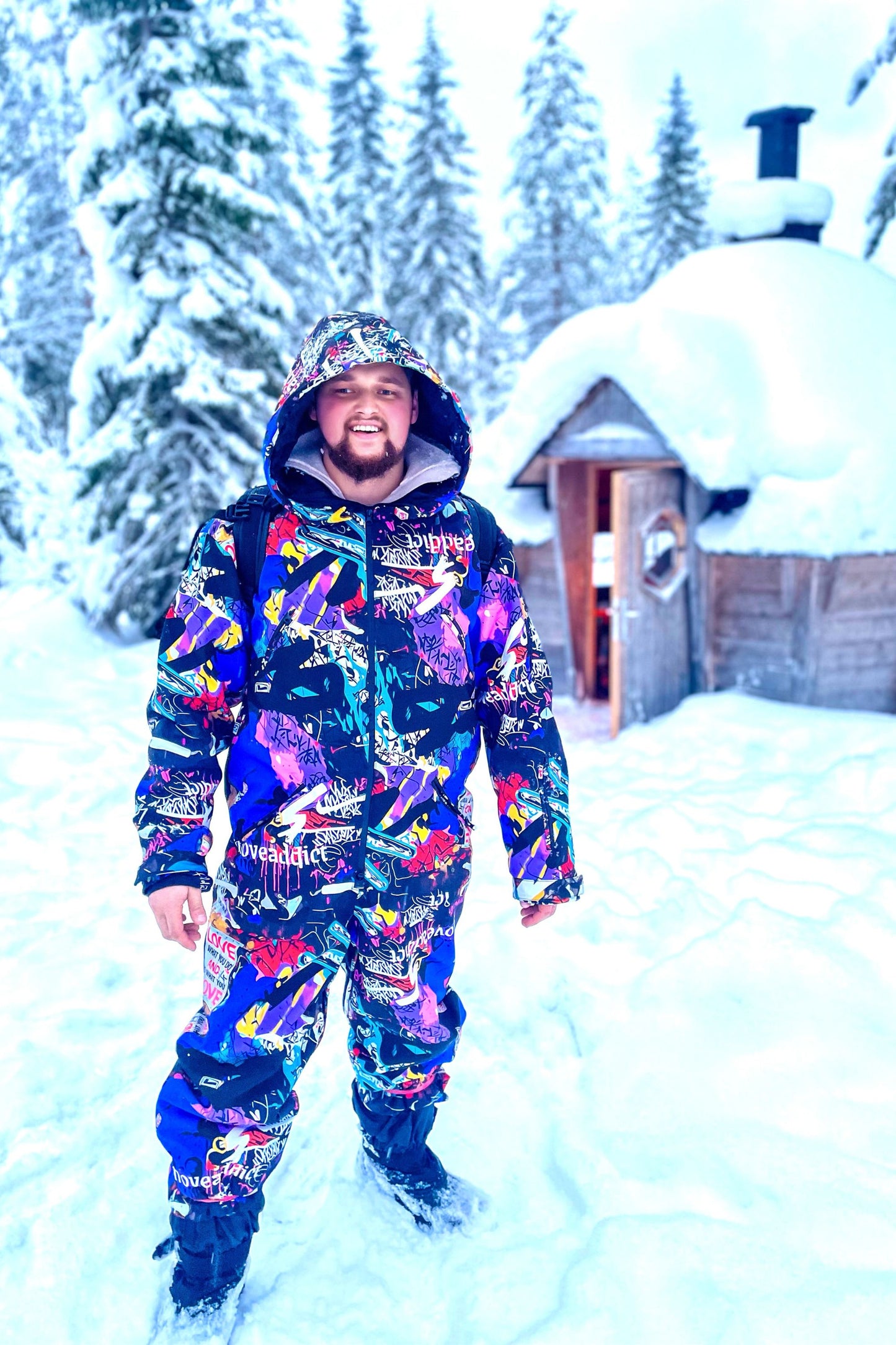 Men's winter ski / snowboard onesie with colorful love & peace print / Snowsuit