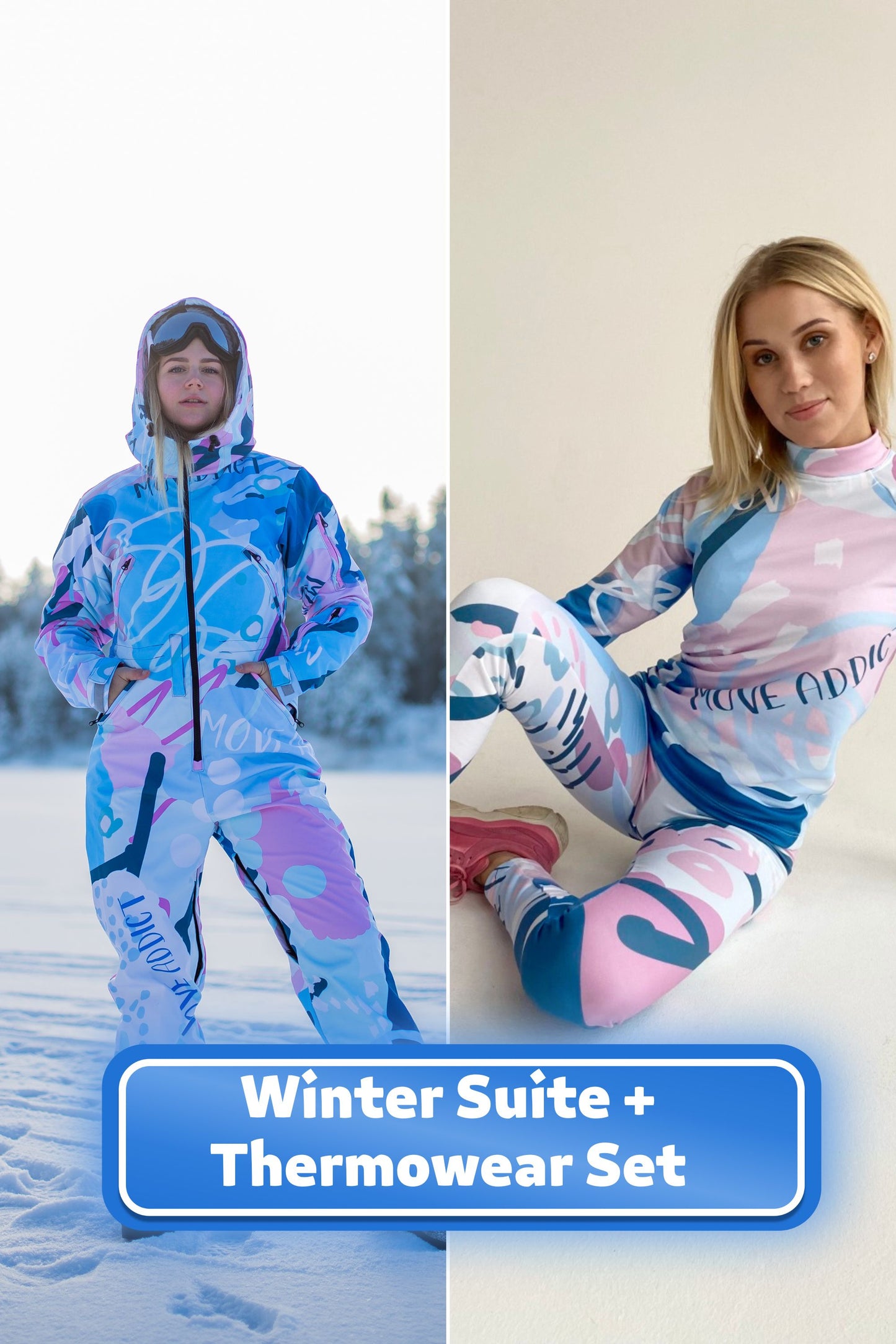 SET: Hellrosa Winter-Ski-Overall, Snowboard-Kleidung, Snowboard-Anzug, Ski-Overall, Damen-Bergbekleidung, Winter-Thermo-Unterwäsche