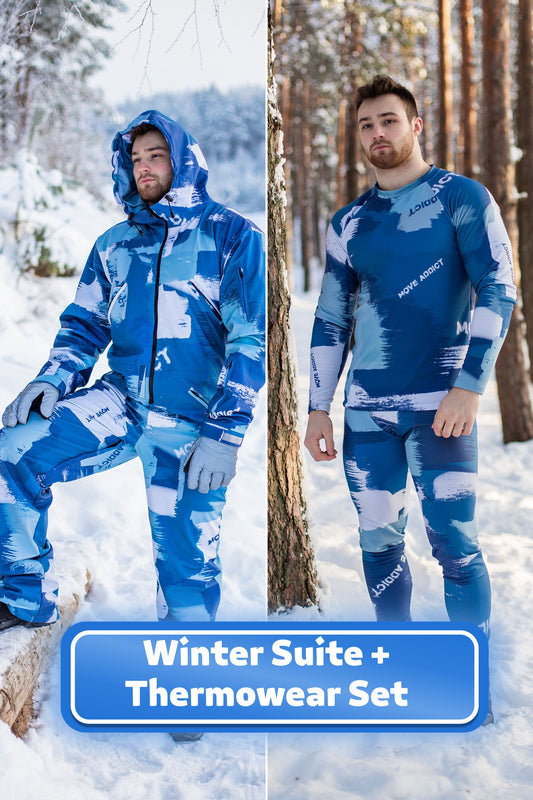 KOMPLEKTS: Vīriešu pelēks/zils kombinezons + termoveļa krekls + legingi