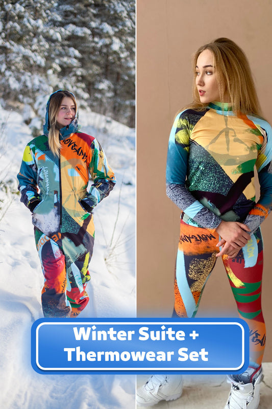 SET: Orangefarbener Winter-Ski-Overall, Snowboard-Kleidung, Snowboard-Anzug, Ski-Overall, Damen-Bergbekleidung, Winter-Thermo-Unterwäsche