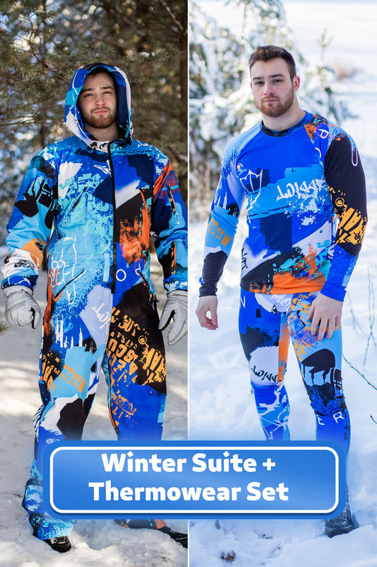 SET: Men's Blue Winter Snowsuit + Thermowear Top + Leggings