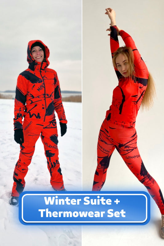 SET: Red Winter Ski Snowsuit + Thermowear Top + Leggings