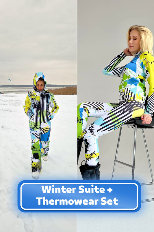 SET: Gelbgrüner Winter-Ski-Overall, Snowboard-Kleidung, Snowboard-Anzug, Ski-Overall, Damen-Bergbekleidung, Winter-Thermo-Unterwäsche