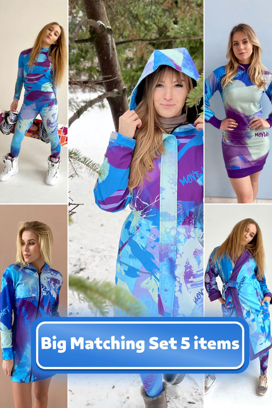 SET: Großes Set mit 5 Artikeln, Snowboard-Kleid, Snowboard-Kleidung, Softshell-Parka, Damen-Wintermantel, Winter-Thermounterwäsche, passende Artikel