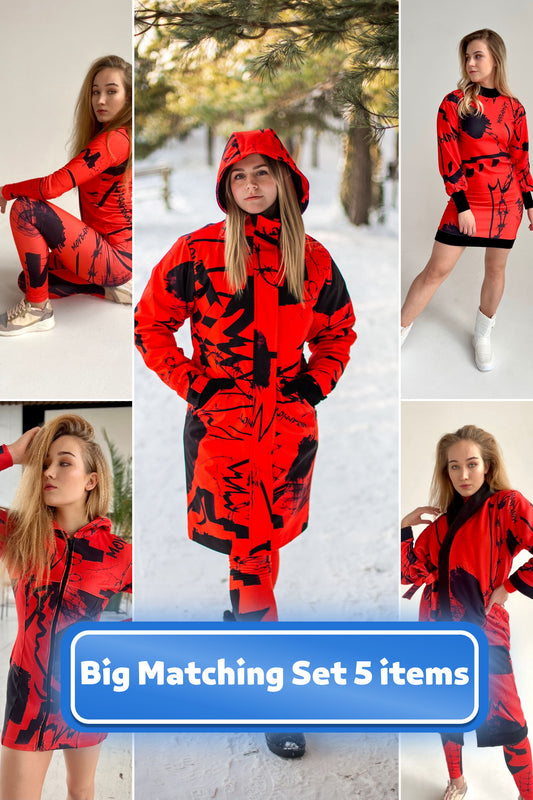 SET: Großes Set mit 5 Artikeln, Snowboard-Kleid, Snowboard-Kleidung, Softshell-Parka, Damen-Wintermantel, Winter-Thermounterwäsche, passende Artikel