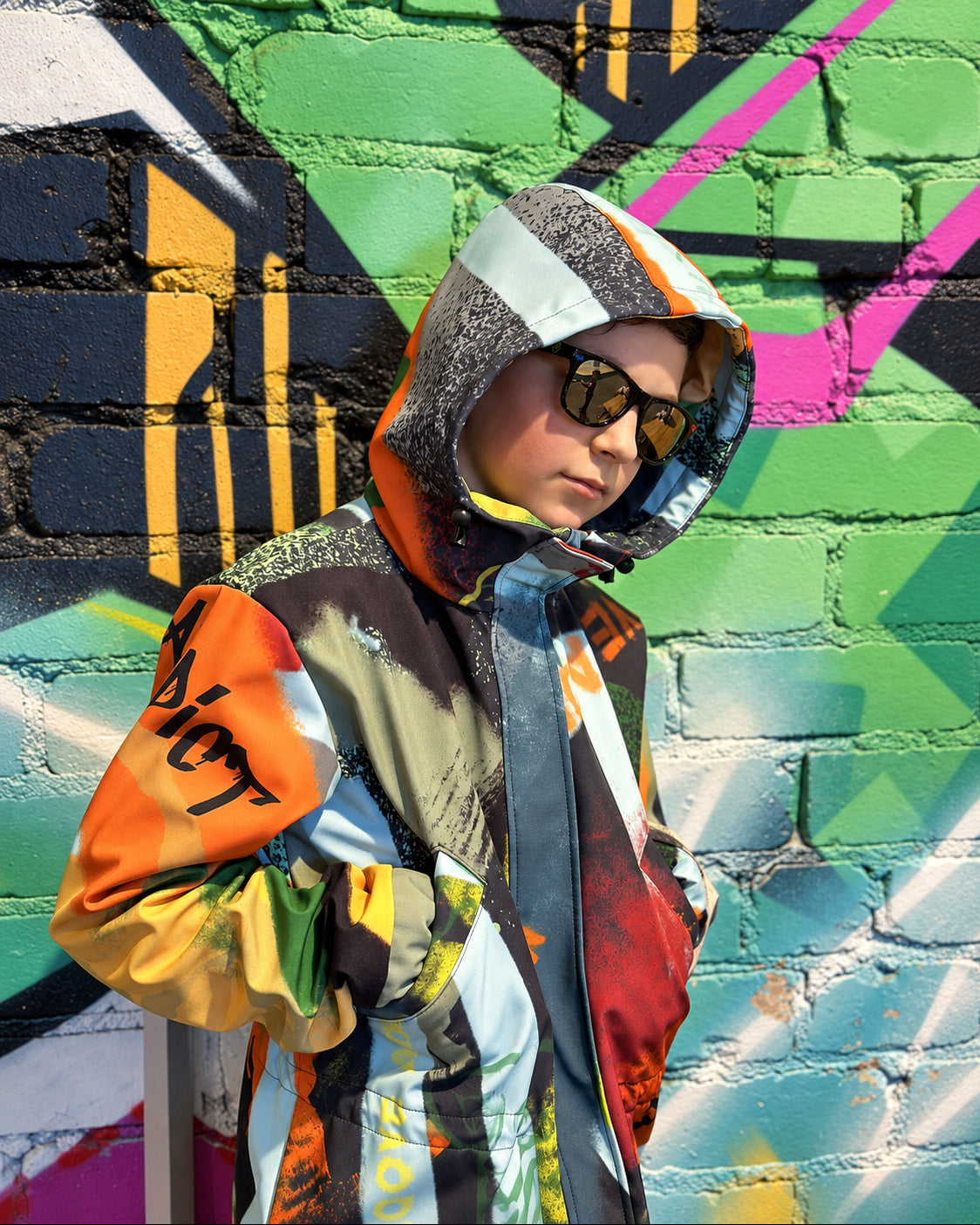 Child wearing MoveAddict Green Graffiti print kids' winter parka - with hood up, portrait