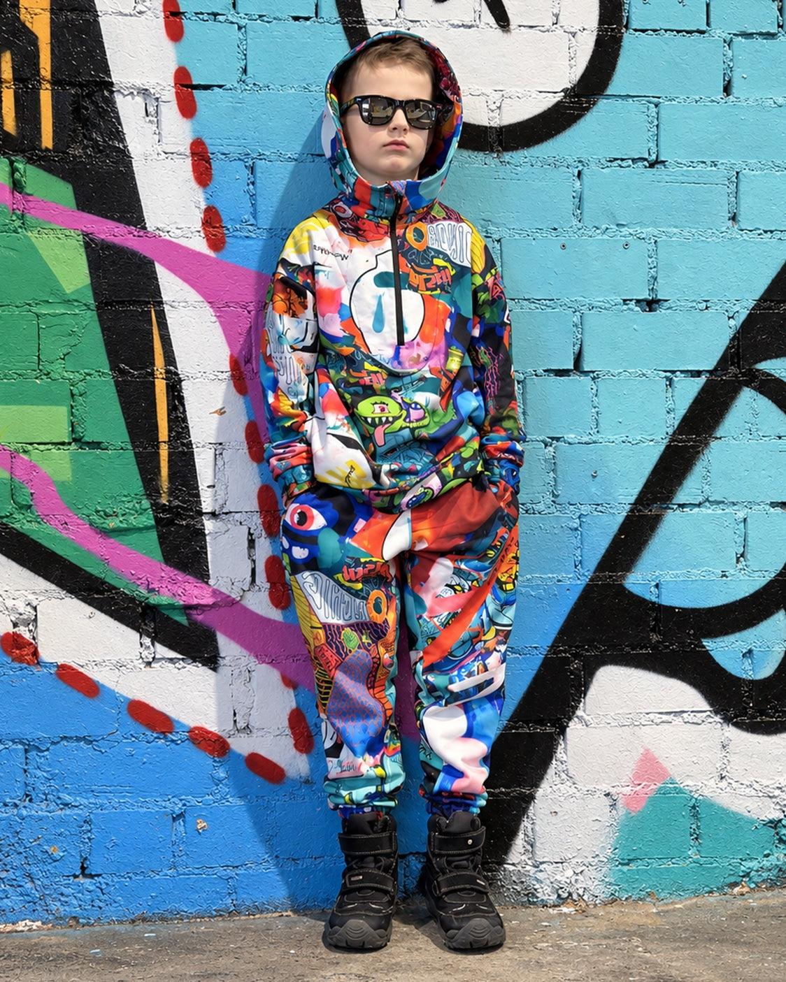 Child wearing MoveAddict Monster Party print kids' oversized hoodie - front view, photo 2
