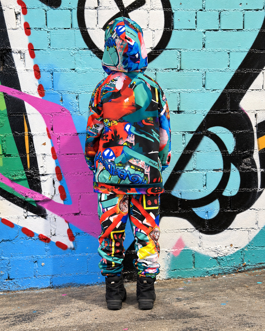 Child wearing MoveAddict Monster Party print kids' oversized hoodie - back view