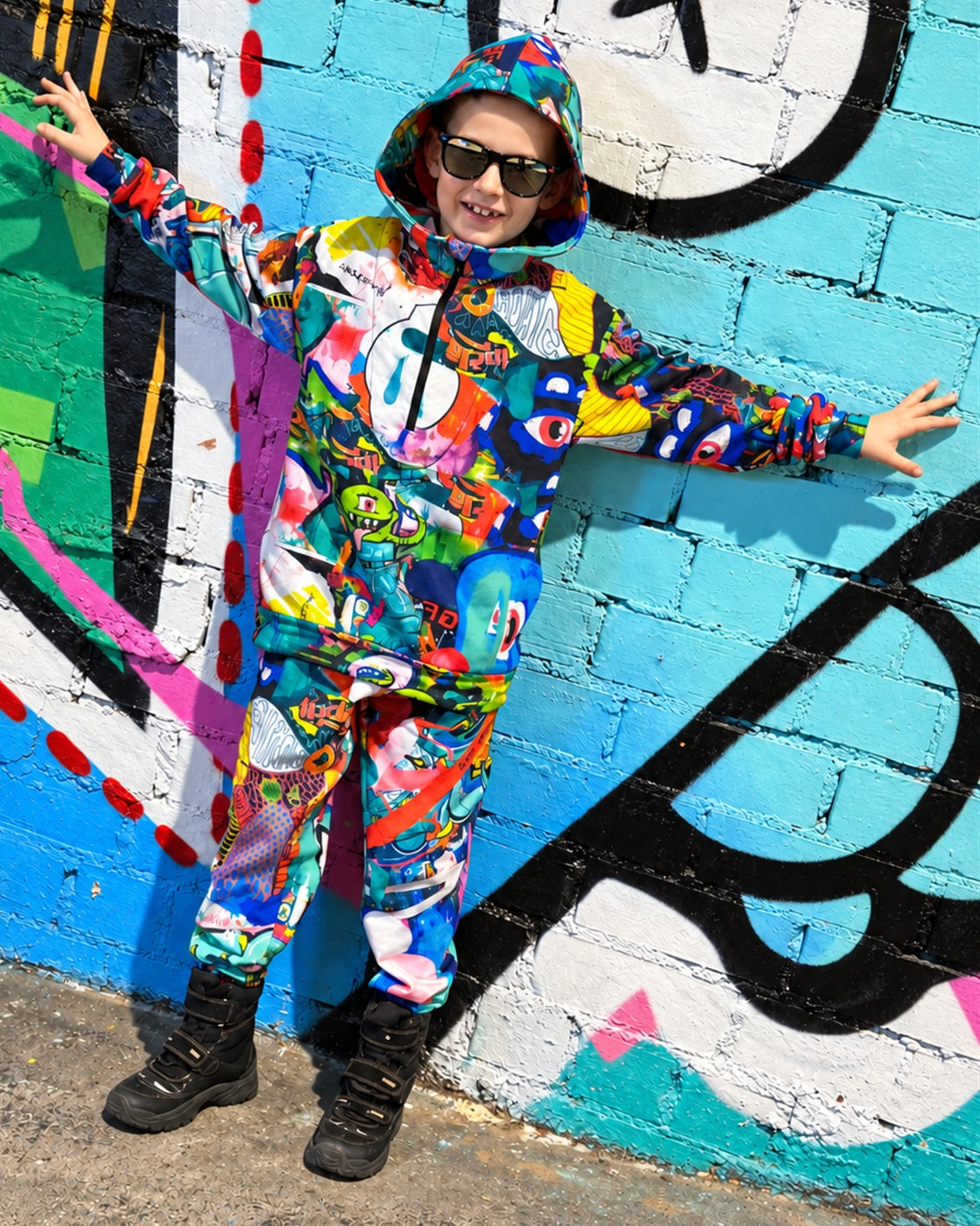 Child wearing MoveAddict Monster Party print kids' joggers - front view