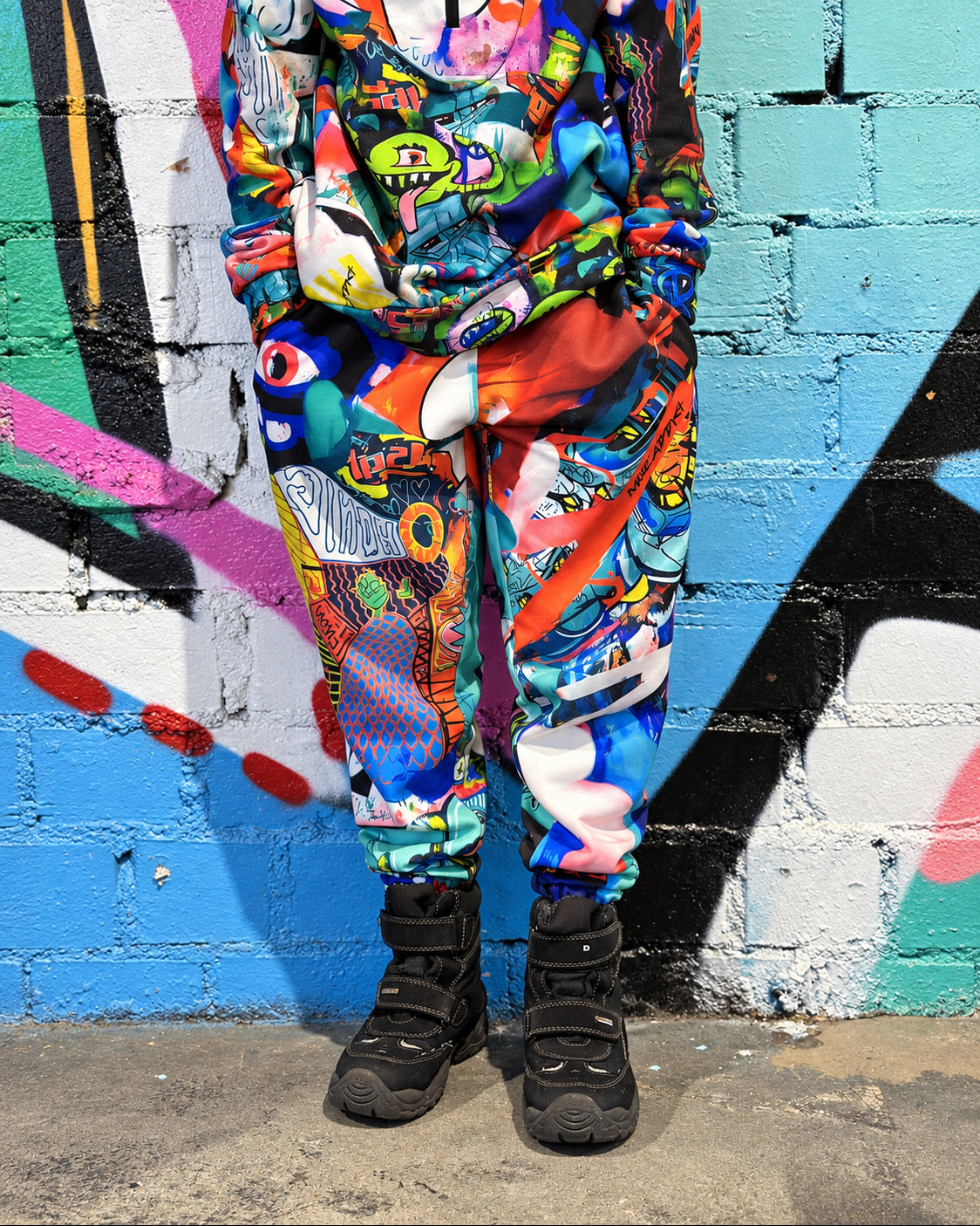Child wearing MoveAddict Monster Party print kids' joggers - close-up of the pants