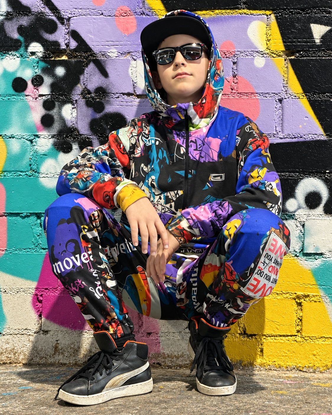 Child wearing MoveAddict Love and Peace print kids' joggers - crouching pose