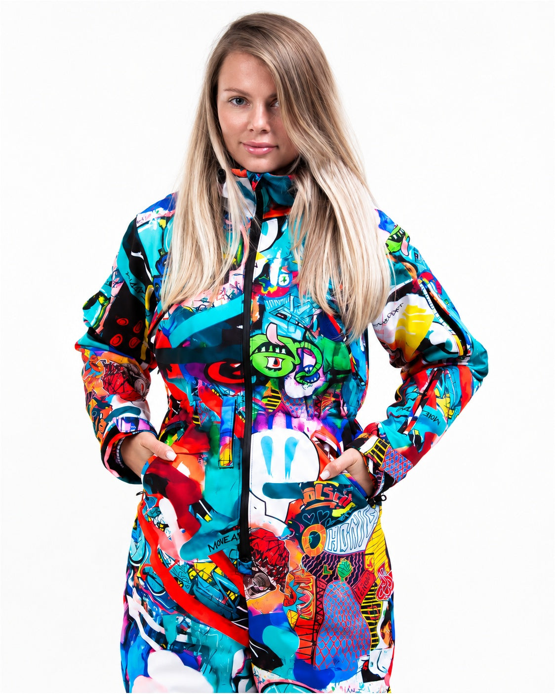 Woman wearing MoveAddict Monster Party print one-piece snowboard and ski suit – upper body front view