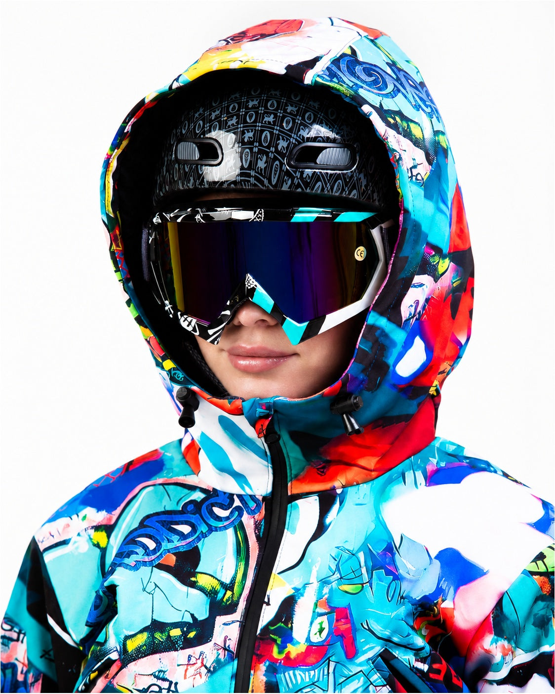 Helmet-compatible hood close-up on MoveAddict Monster Party print women's snowsuit