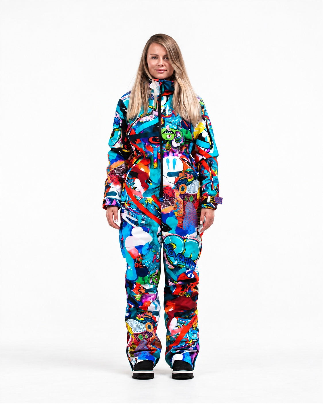 Woman wearing MoveAddict Monster Party print one-piece snowboard and ski suit – front view, photo 2
