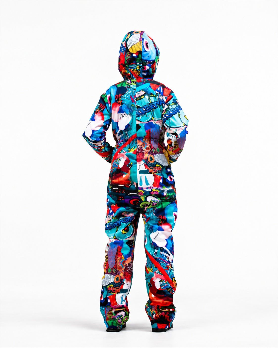 Woman wearing MoveAddict Monster Party print women's snowsuit with hood up – back view