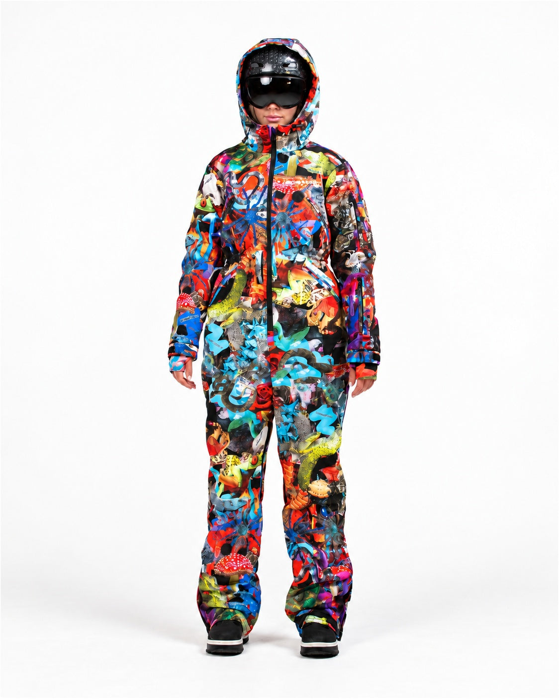 Woman wearing MoveAddict Mind Jungle print one-piece snowboard and ski suit – front view, studio photo