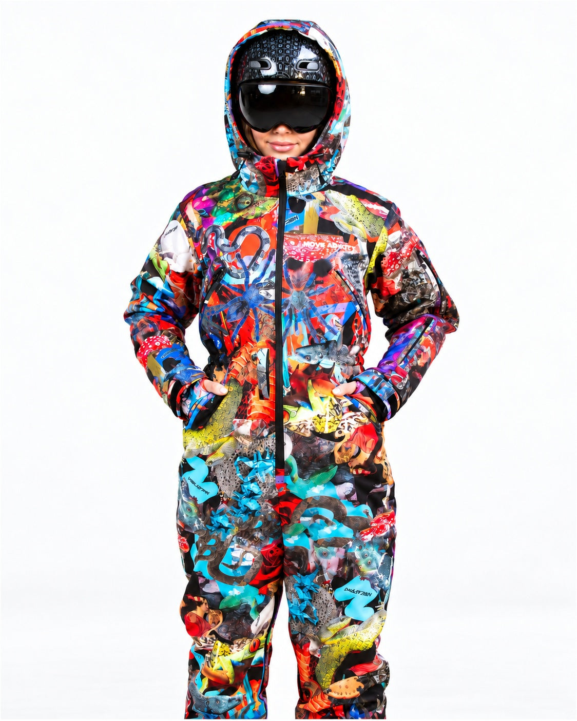 Woman wearing MoveAddict Mind Jungle print one-piece snowboard and ski suit – front view, photo 2