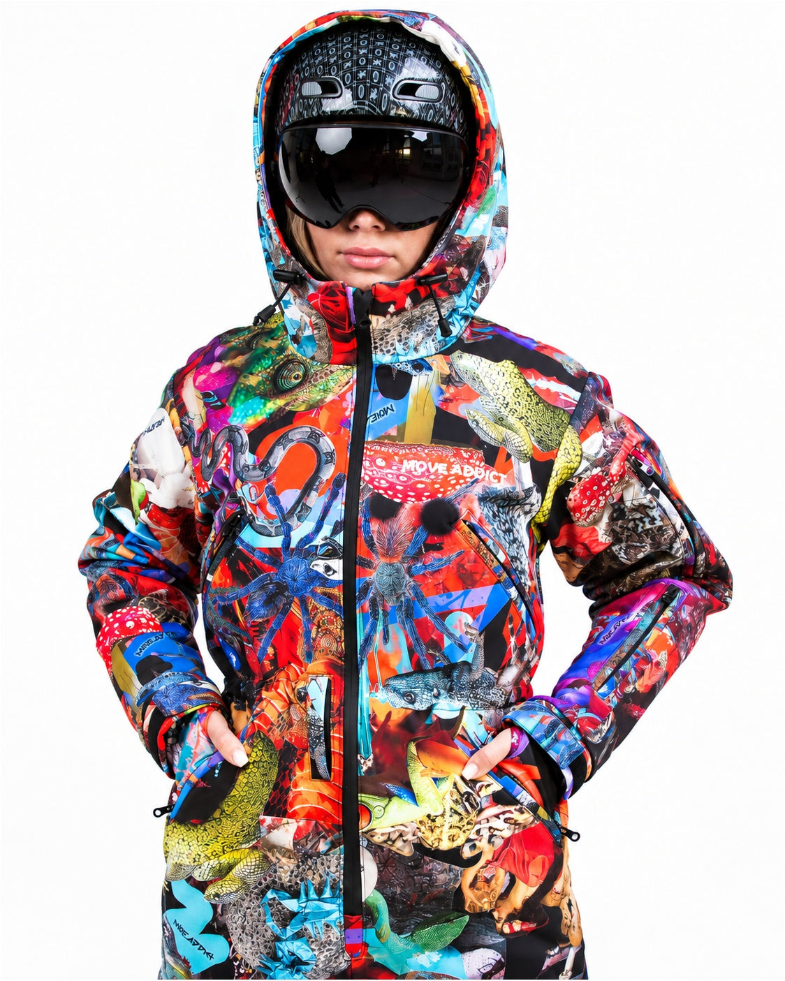 Woman wearing MoveAddict Mind Jungle print one-piece snowboard and ski suit – upper body front view