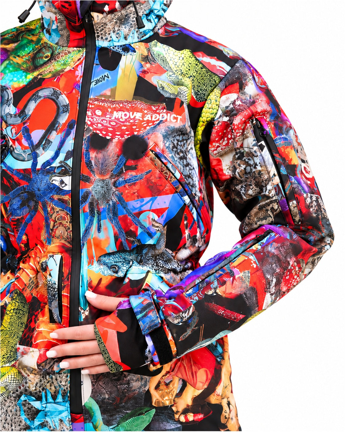 Close-up of chest and sleeve of MoveAddict Mind Jungle print women's snowsuit
