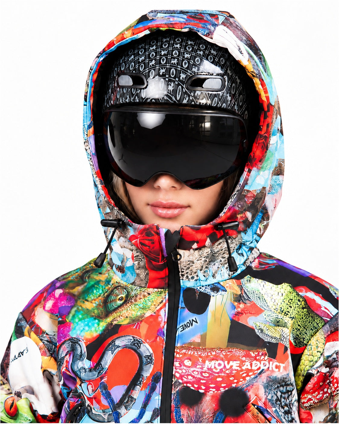 Helmet-compatible hood close-up on MoveAddict Mind Jungle print women's snowsuit