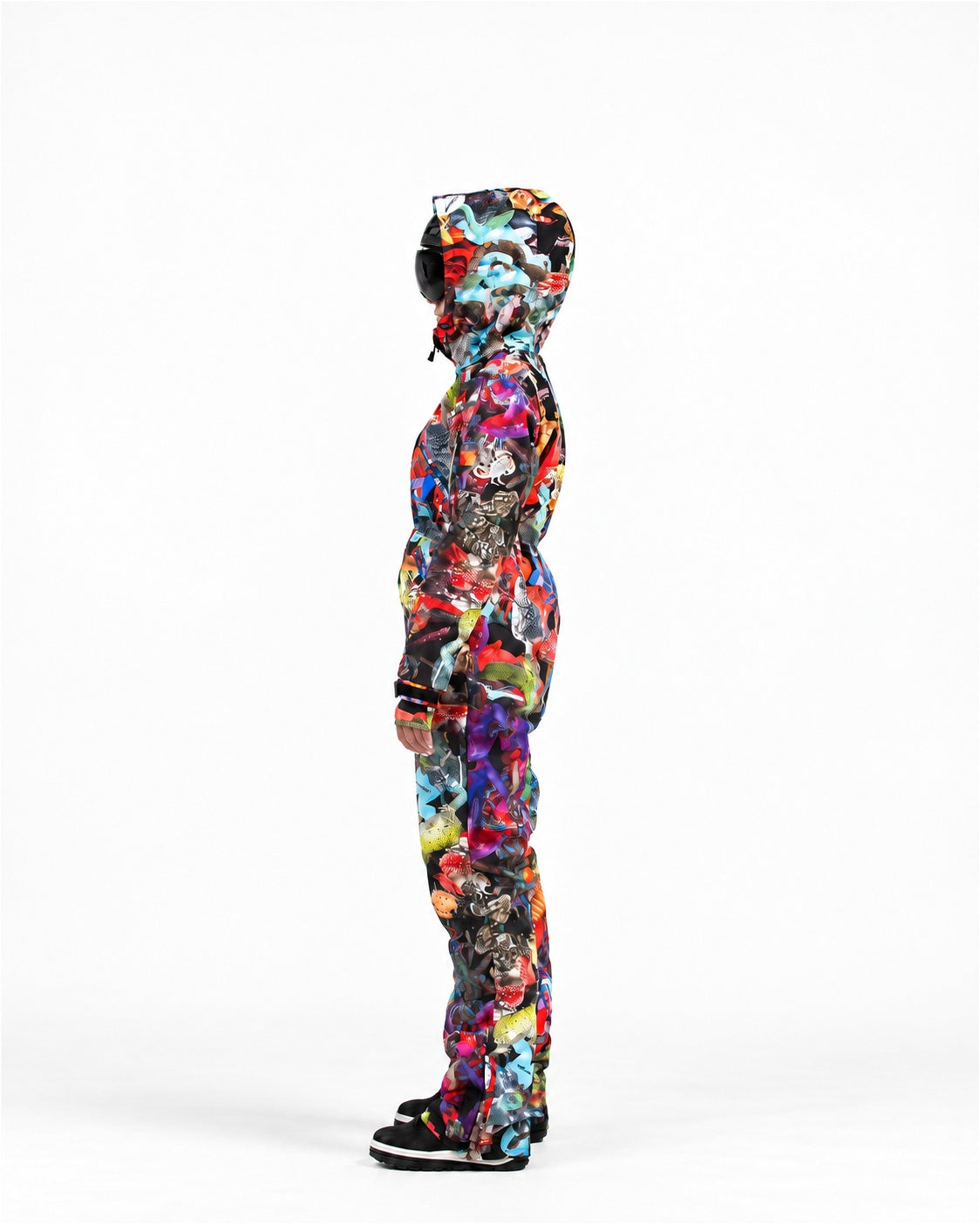 Woman wearing MoveAddict Mind Jungle print one-piece snowboard and ski suit – side view