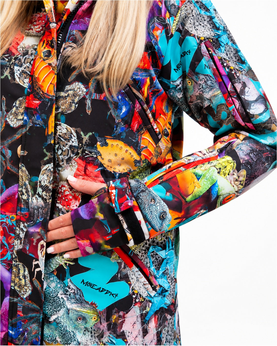 Hip pocket detail on MoveAddict Mind Jungle print women's winter parka