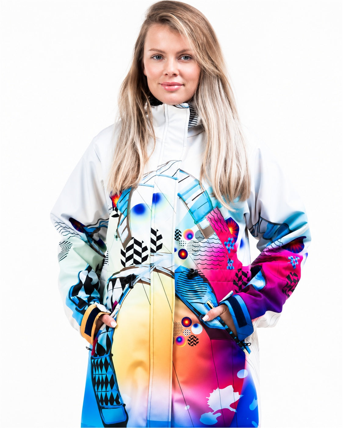 Woman wearing MoveAddict Kite print longline winter parka – front view, photo 2