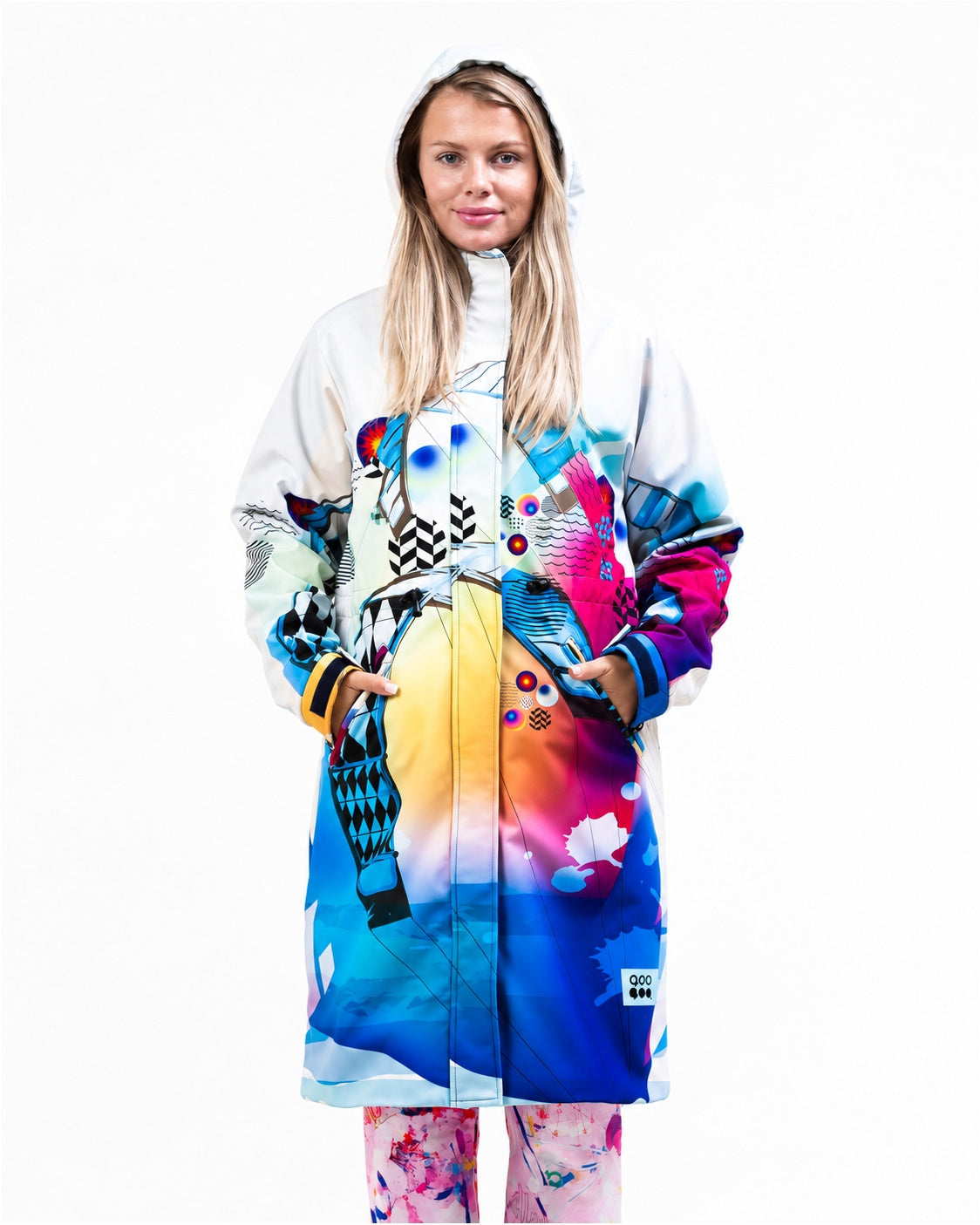 Hood up on MoveAddict Kite print women's winter parka – front view
