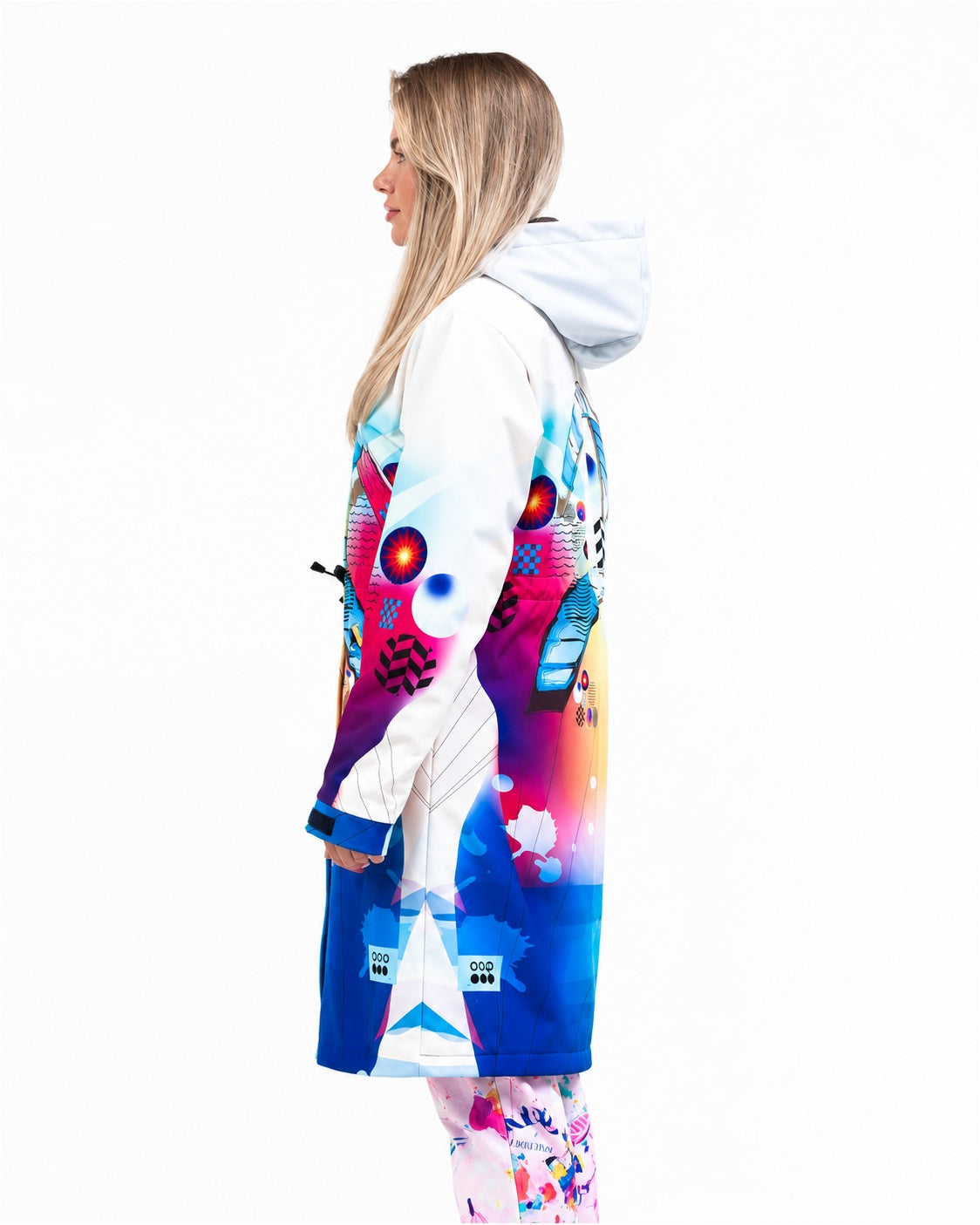 Woman wearing MoveAddict Kite print longline winter parka – side view