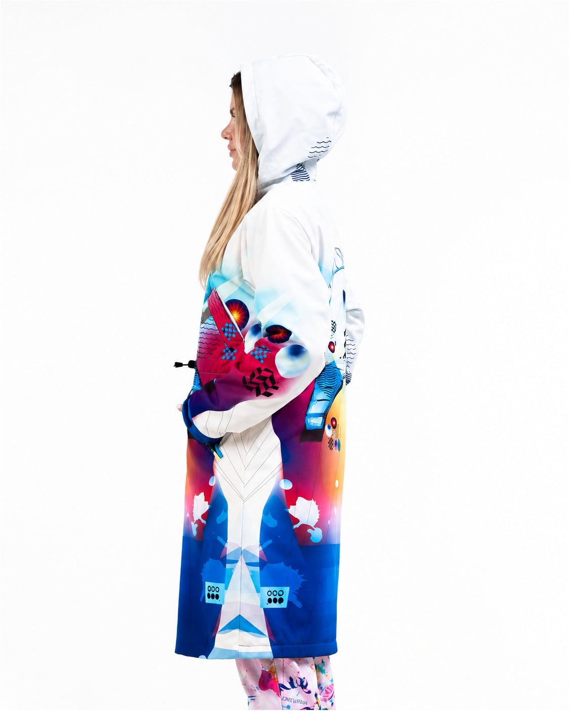 Hood up – side view of MoveAddict Kite print women's winter parka