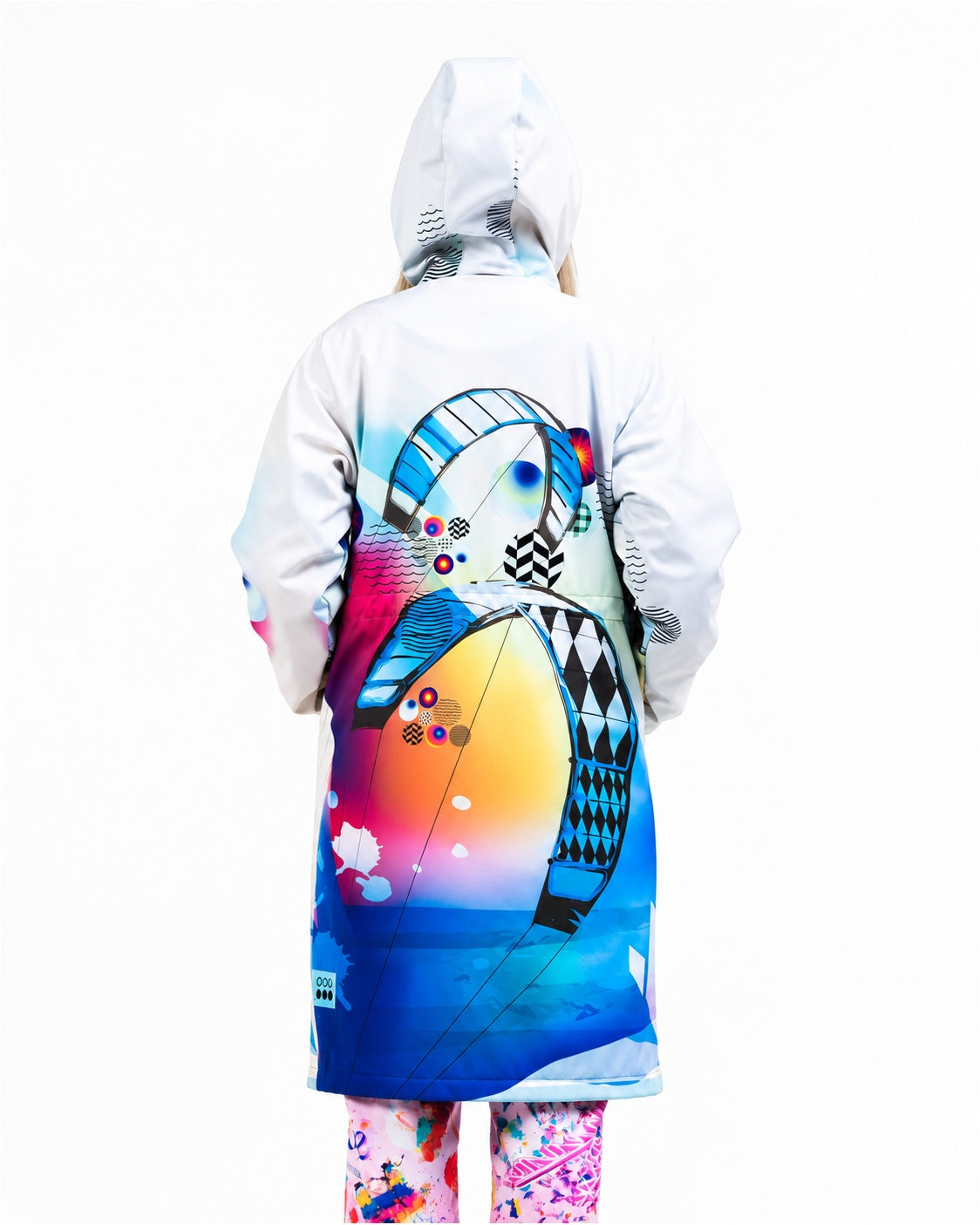 Hood up – back view of MoveAddict Kite print women's winter parka